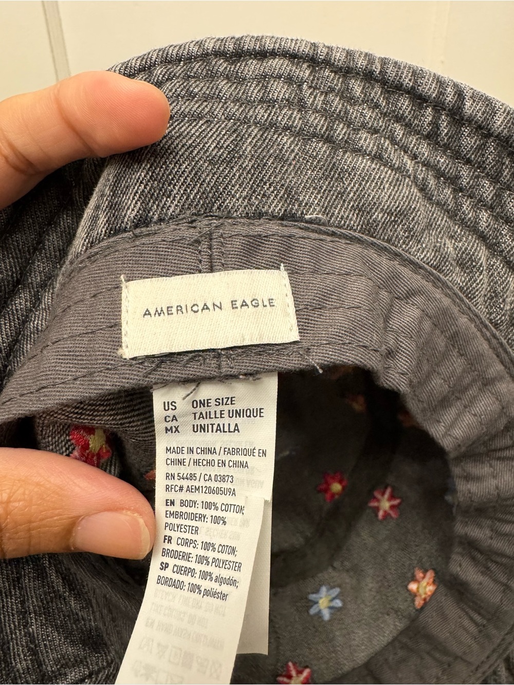 American Eagle Outfitters Gray Denim Bucket Hat with Small Floral Embroidery - Picture 3 of 5